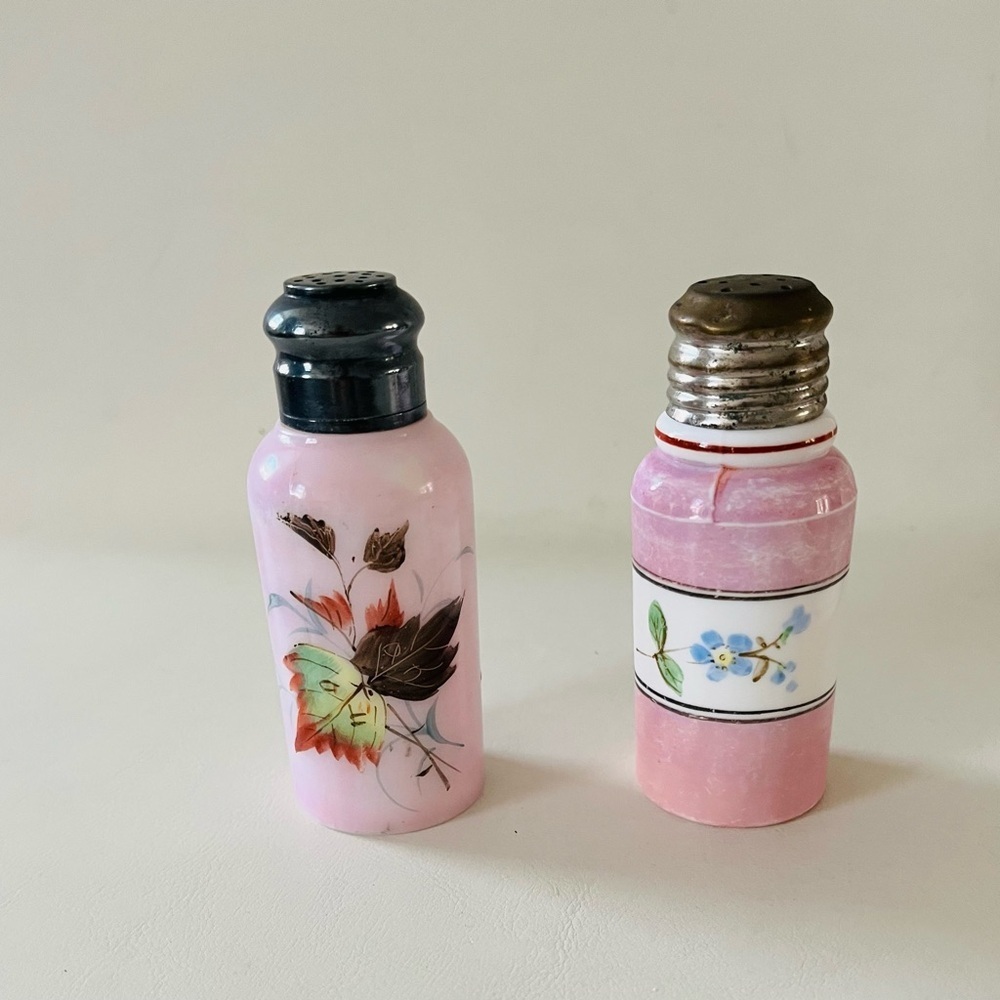 Vintage Hand Patient Milk Glass Pink Floral Glass Salt and Pepper Shakers Set